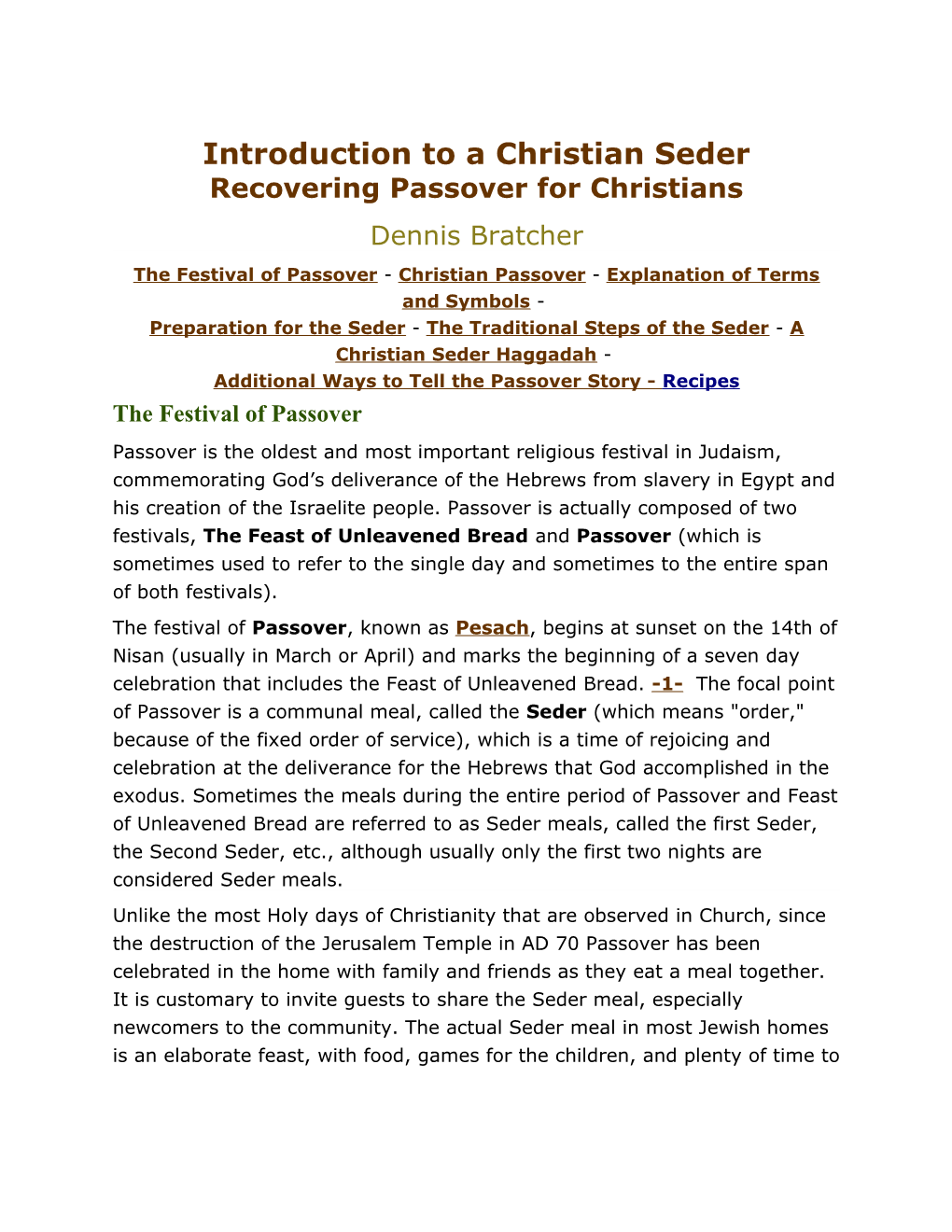 Introduction to a Christian Seder Recovering Passover for Christians