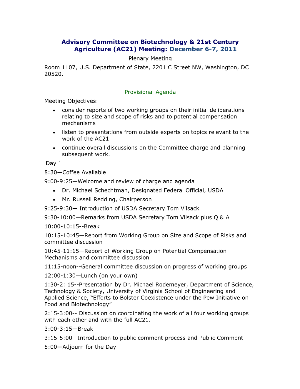 Advisory Committee On Biotechnology & 21St Century Agriculture (AC21) Meeting: December 6-7, 2011