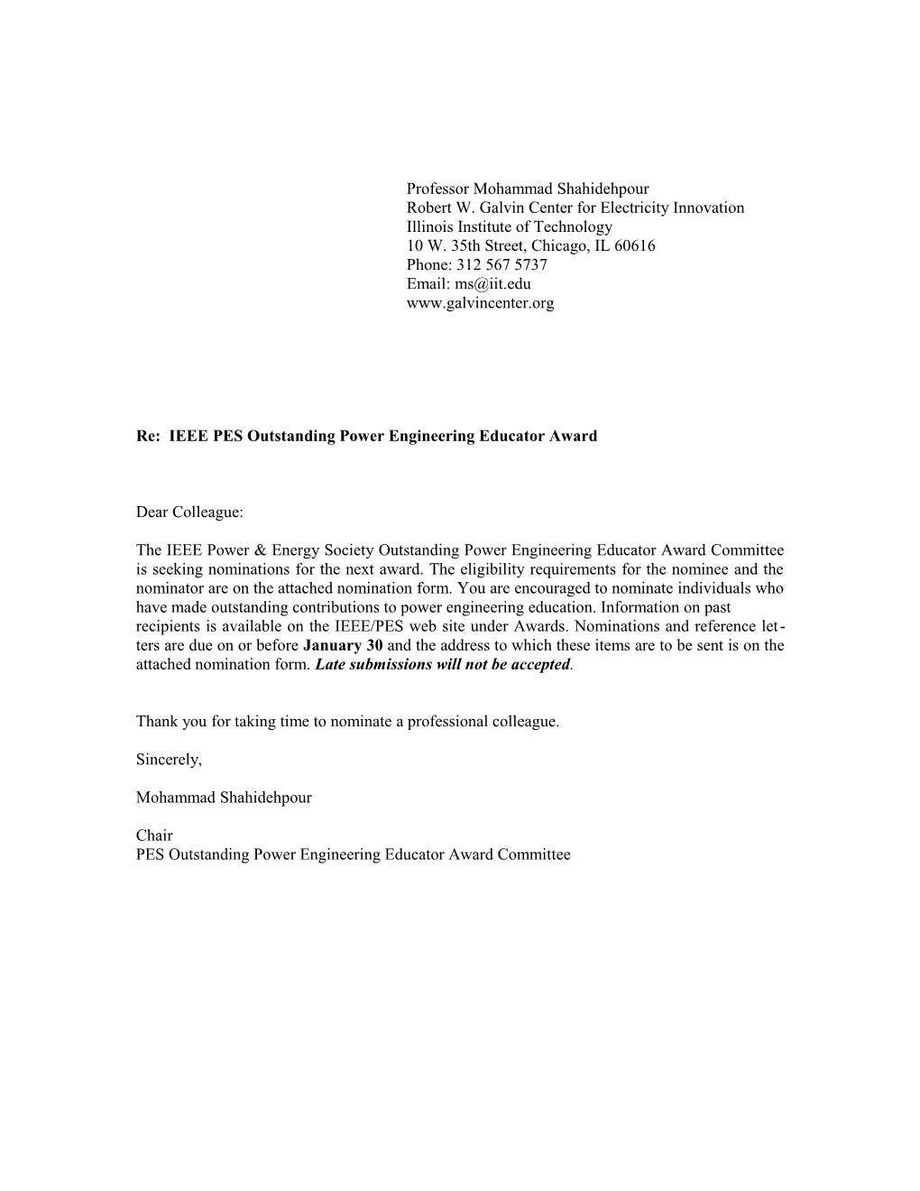Re: IEEE PES Outstanding Power Engineering Educator Award