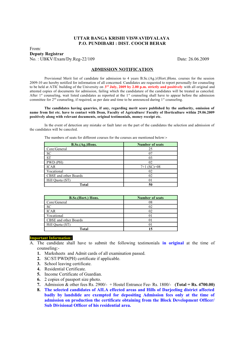 Merit List for Admission to B. Sc. (Ag.) Hons. 2009-10