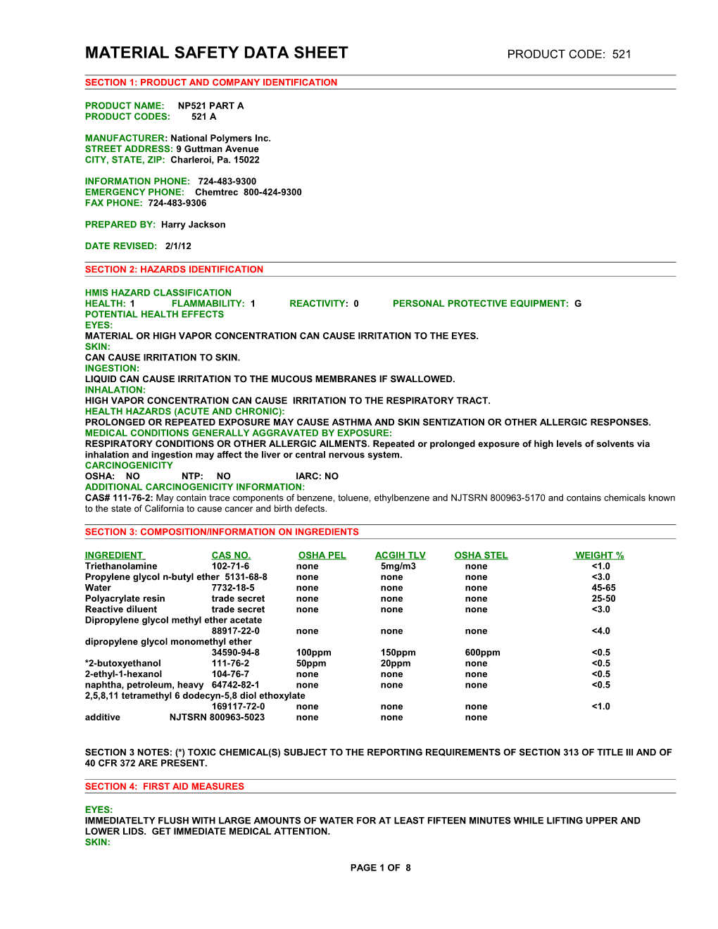 Material Safety Data Sheet Page 1 of X