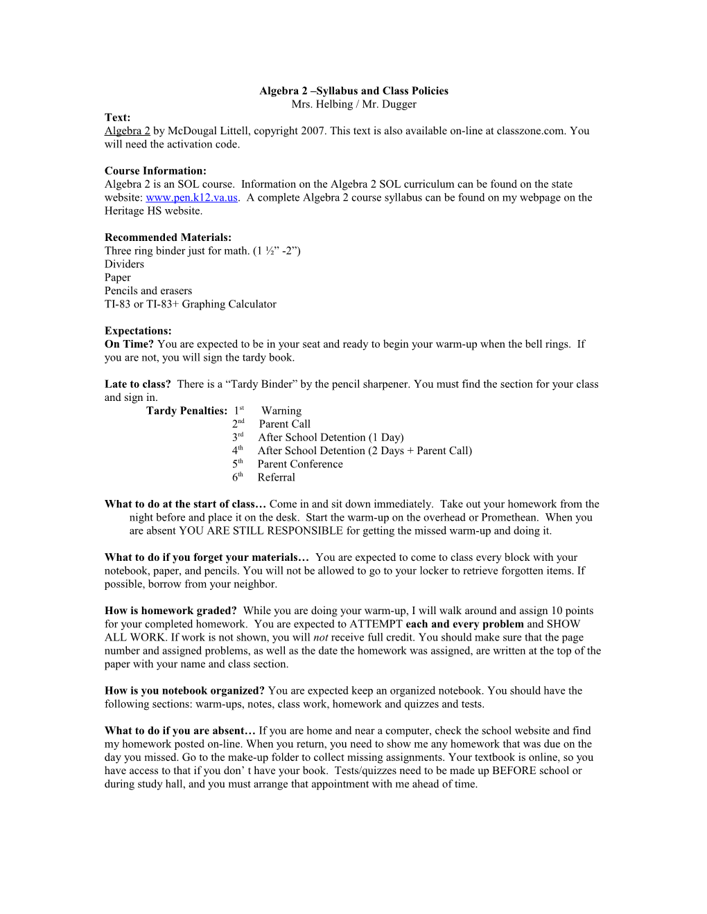 Algebra 1 Part 2 –Syllabus And Class Policies