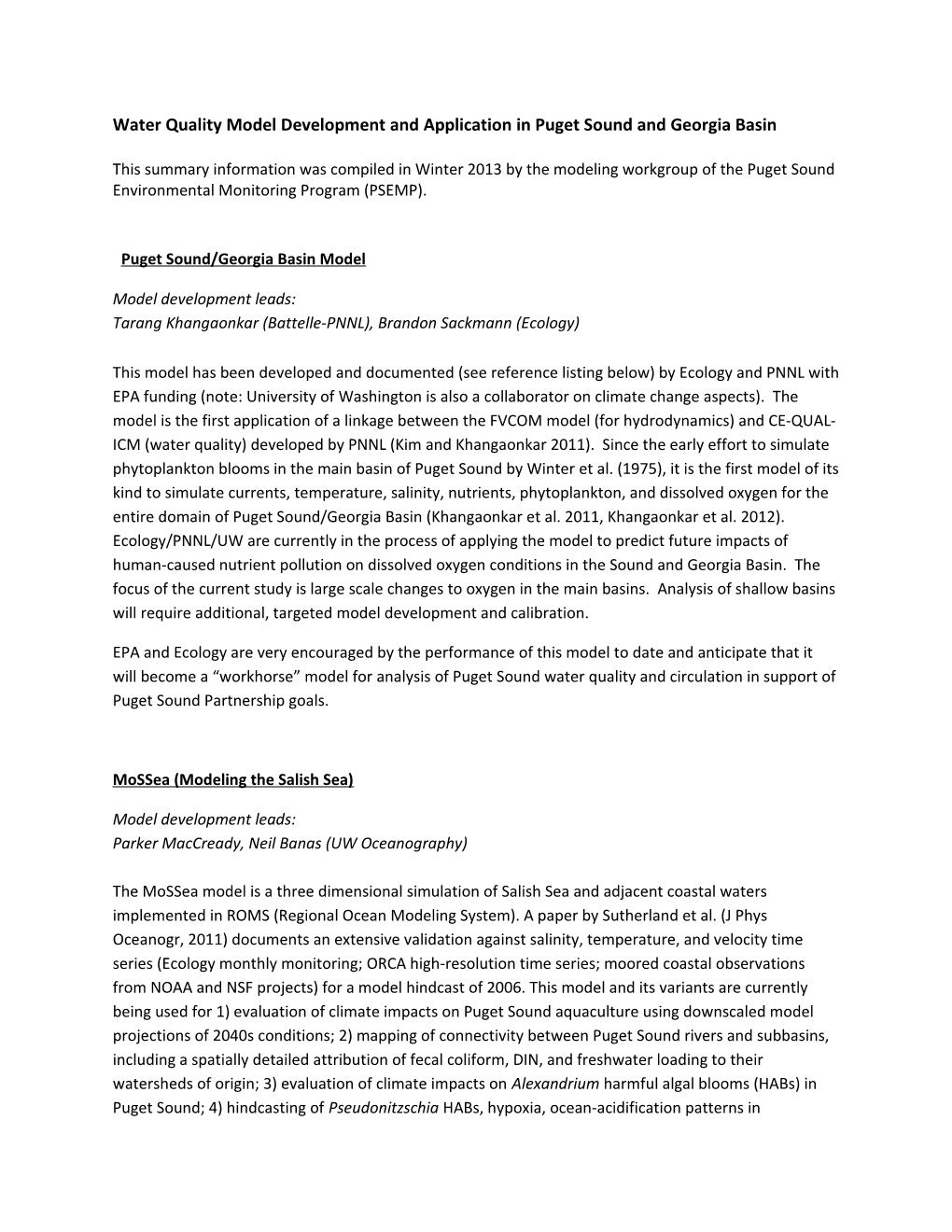 Water Quality Model Development and Application in Puget Sound and Georgia Basin