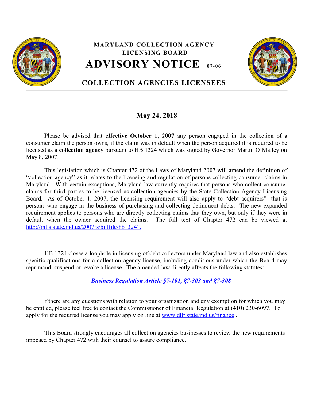Advisory Notice 07-06