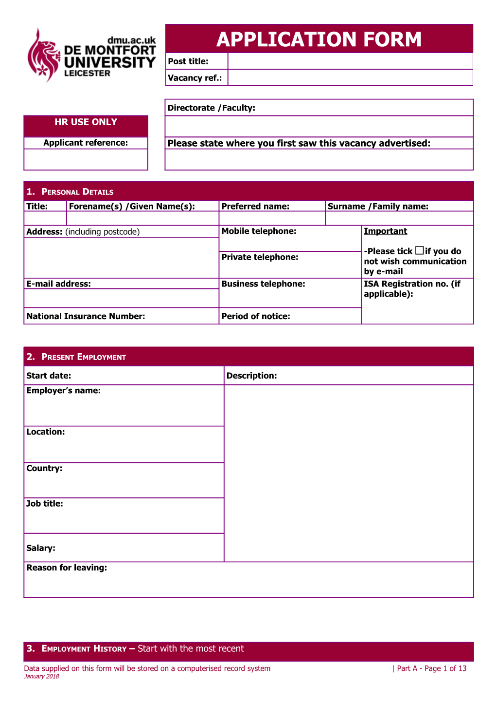 Dmu Application and Questionnaires - Jan 2018