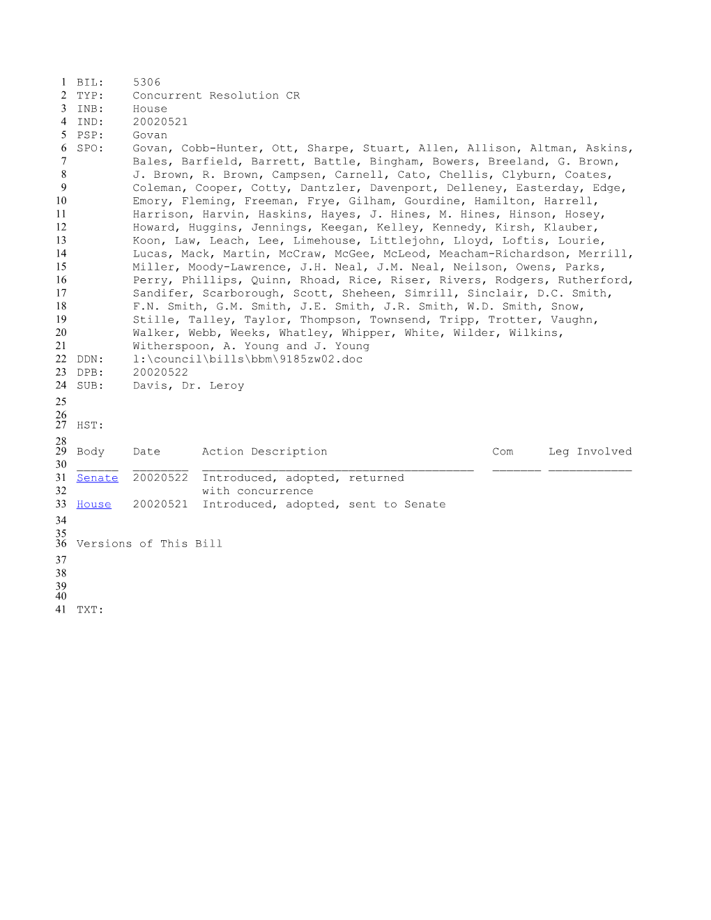 2001-2002 Bill 5306: Davis, Dr. Leroy - South Carolina Legislature Online