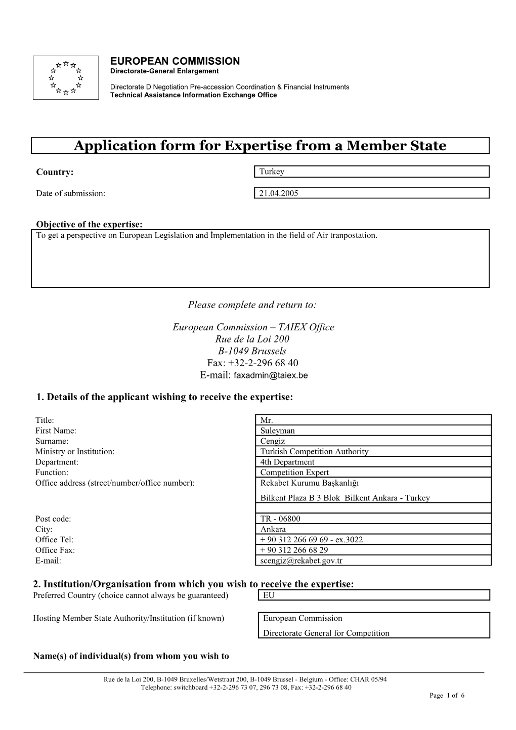 Application Form for Expertise from a Member State