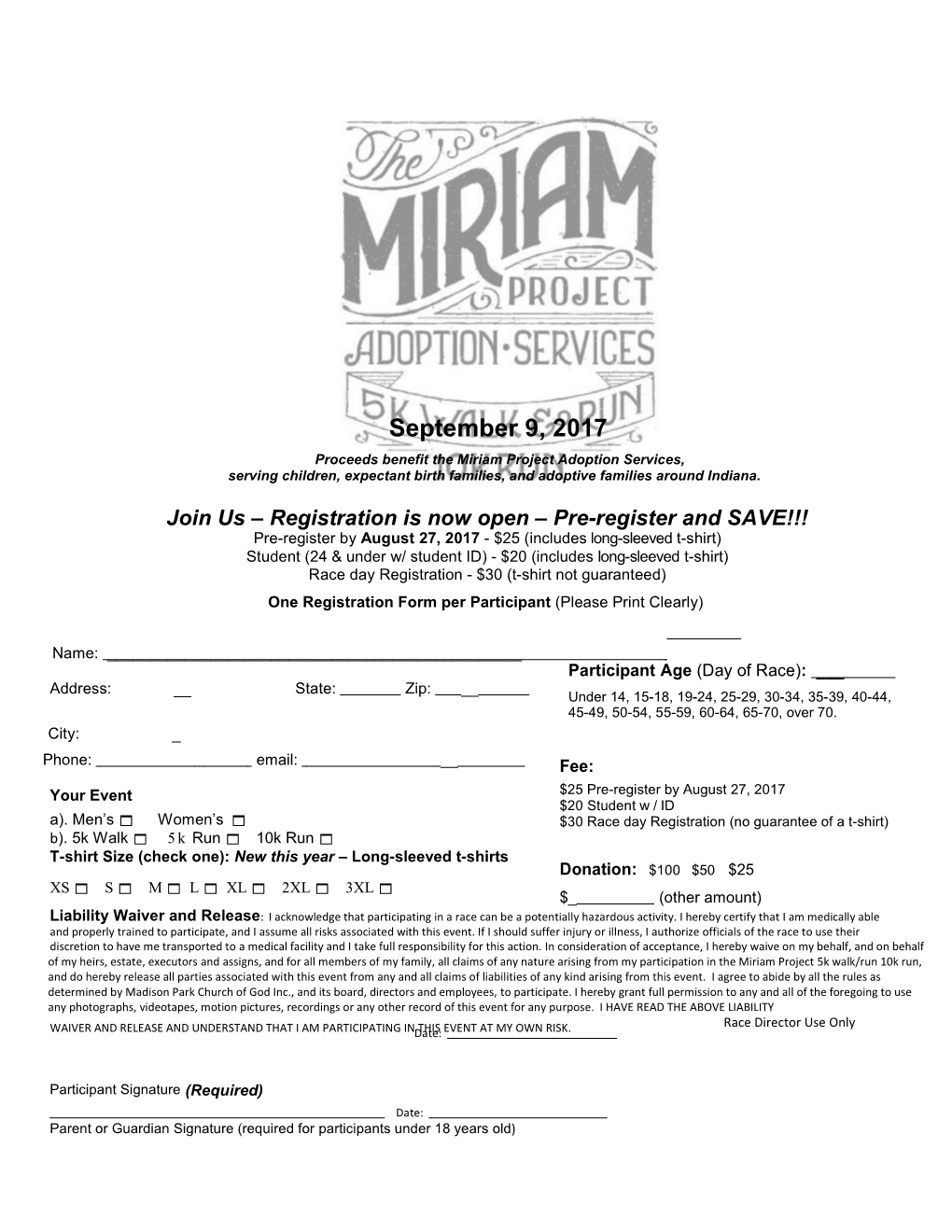 Proceeds Benefit the Miriam Project Adoption Services