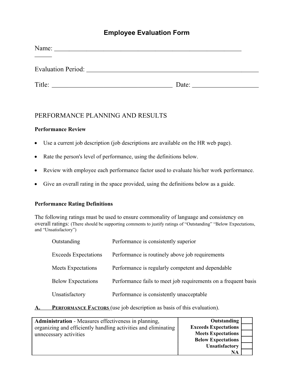 Job Performance Evaluation Form