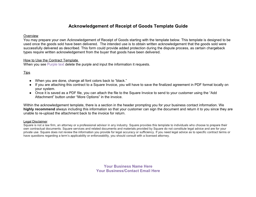 Acknowledgement of Receipt of Goods Template Guide