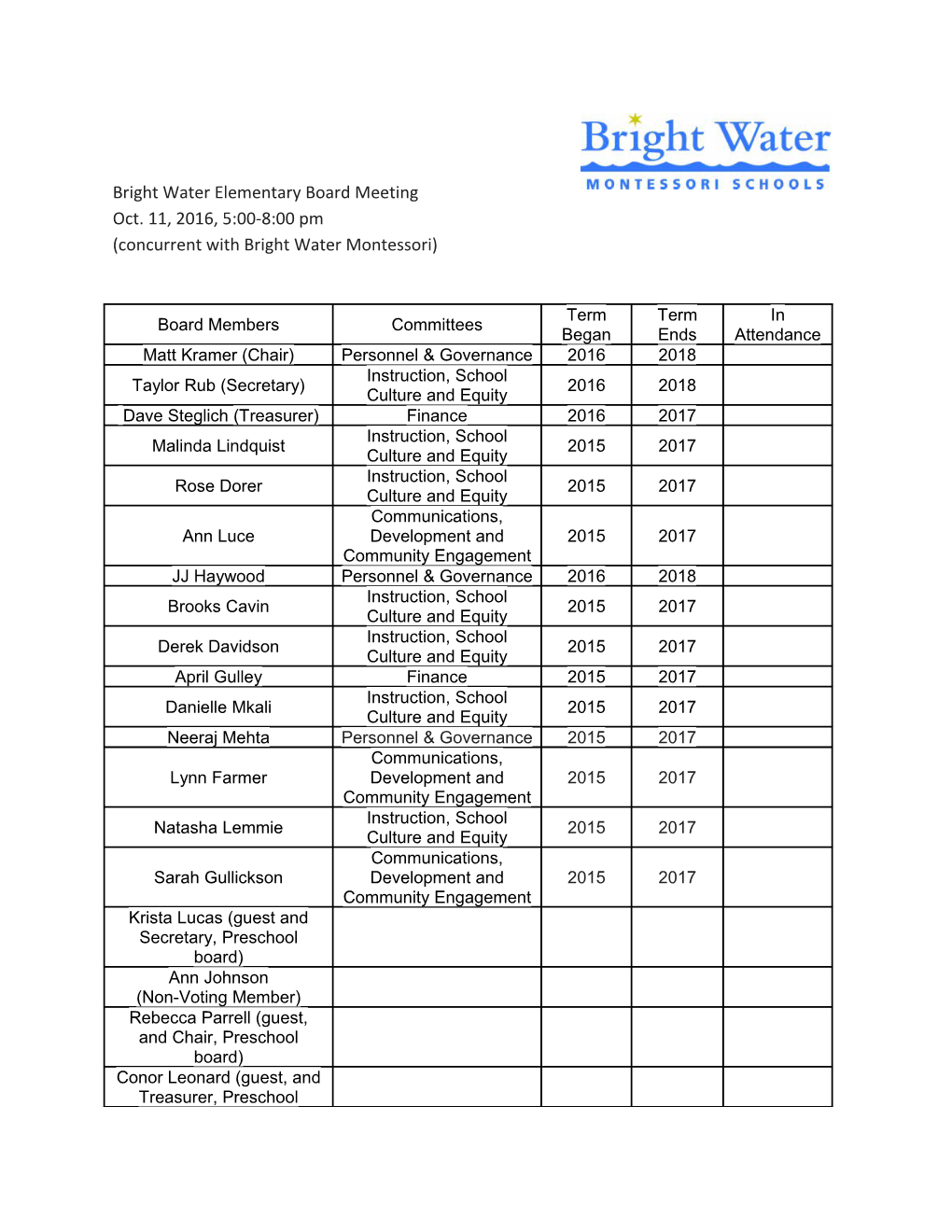 Bright Water Elementary Board Meeting