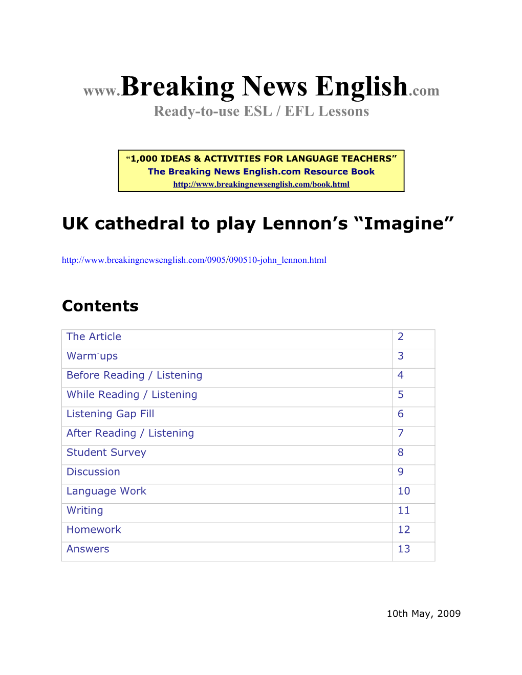 ESL Lesson: UK Cathedral To Play Lennon’S “Imagine”