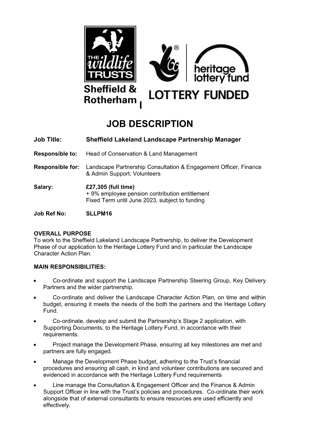 Job Title: Sheffield Lakeland Landscape Partnership Manager