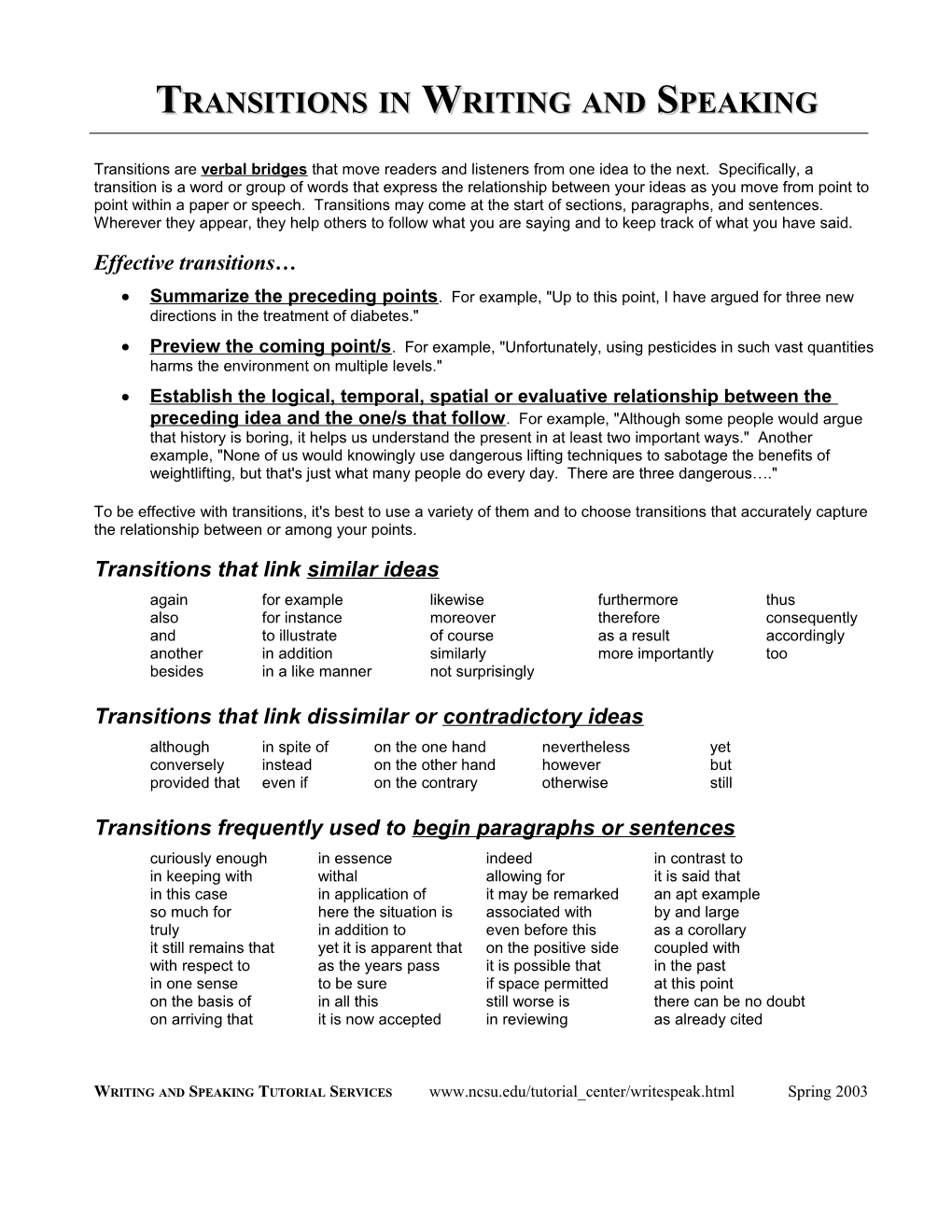 Transitions In Writing And Speaking