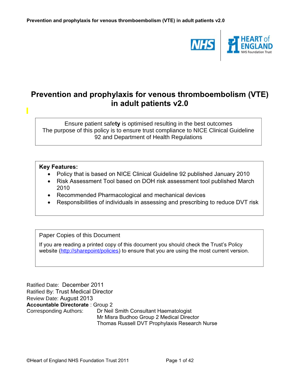 Prevention and Prophylaxis for Venous Thromboembolism in Adult Patients V1