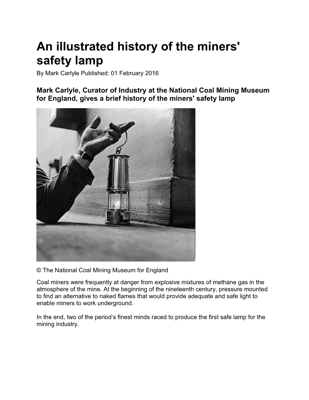An Illustrated History of the Miners' Safety Lamp
