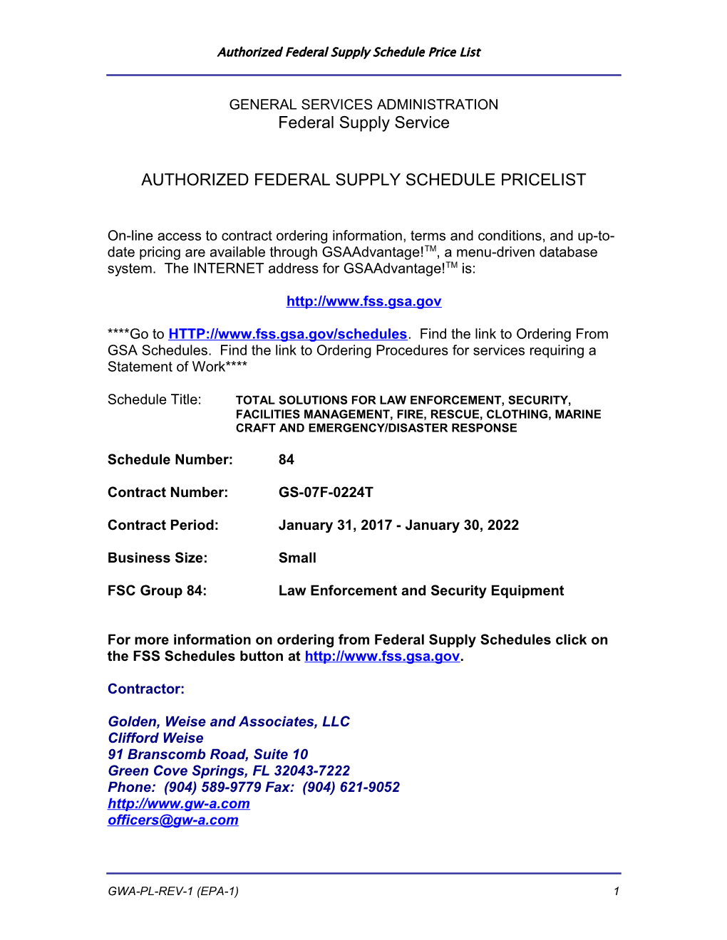 Authorized Federal Supply Schedule Pricelist