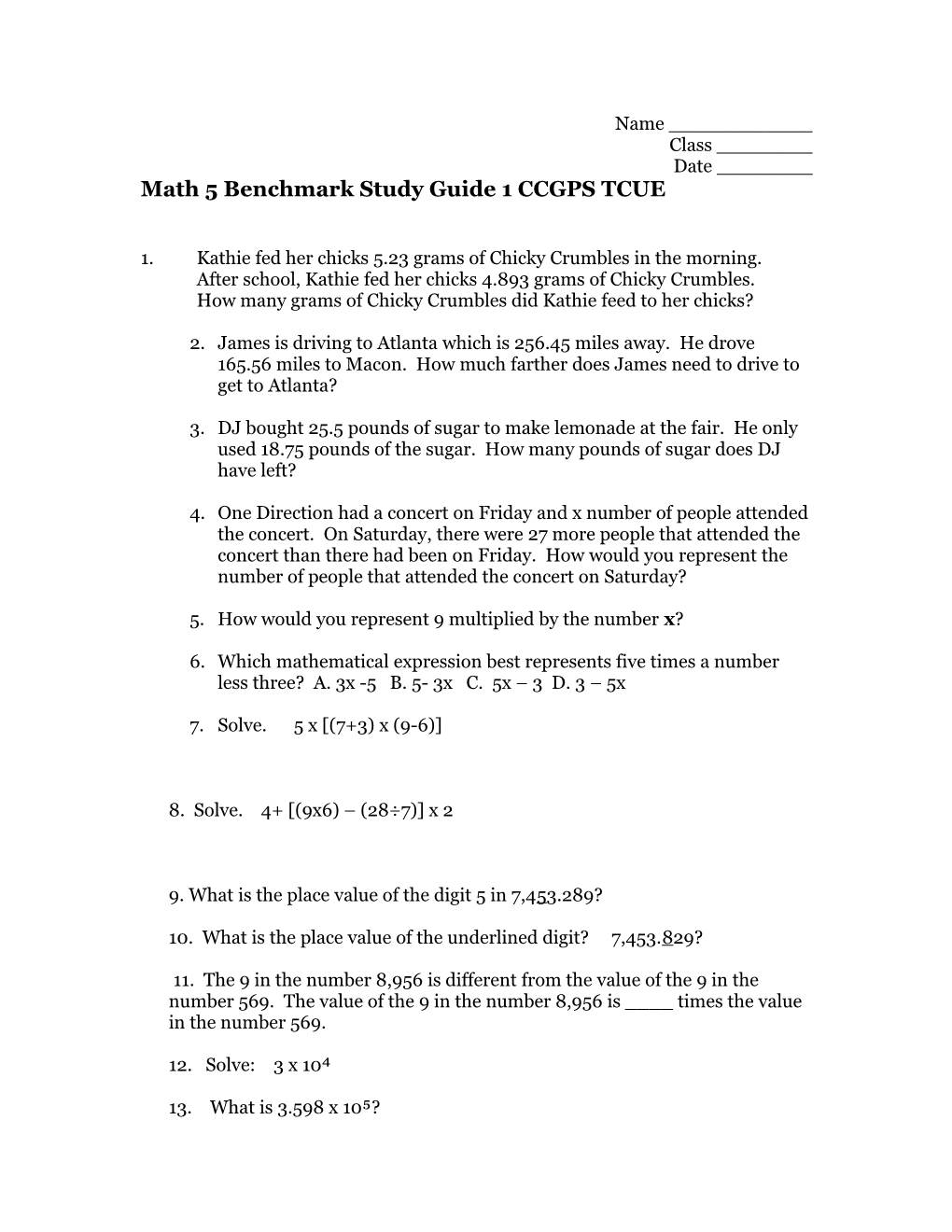 Math 5 Benchmark Study Guide 1 CCGPS TCUE