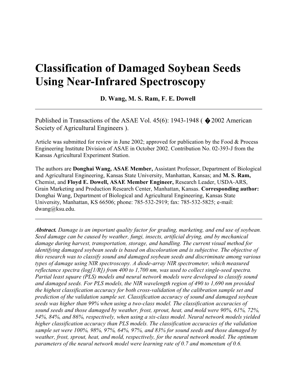 Classification of Damaged Soybean Seeds Using Near-Infrared Spectroscopy
