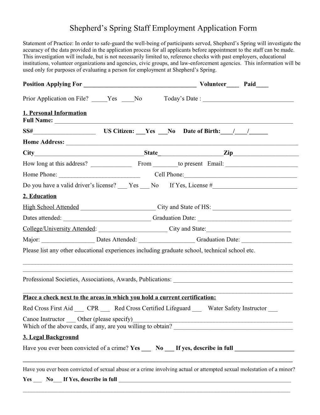 Shepherd S Spring Summer Staff Application Form