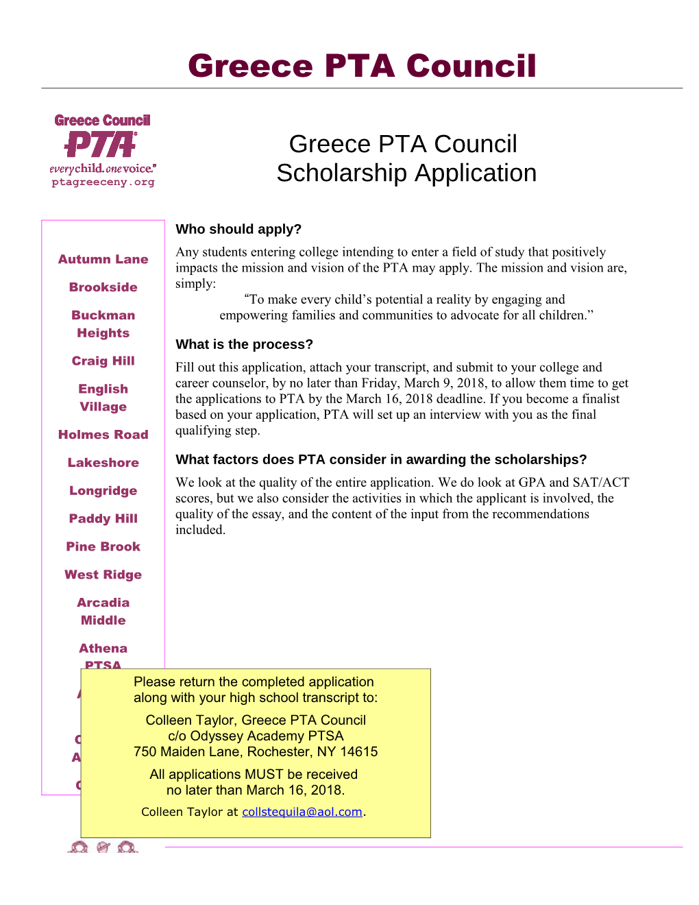 Greece PTA Council Scholarship Application
