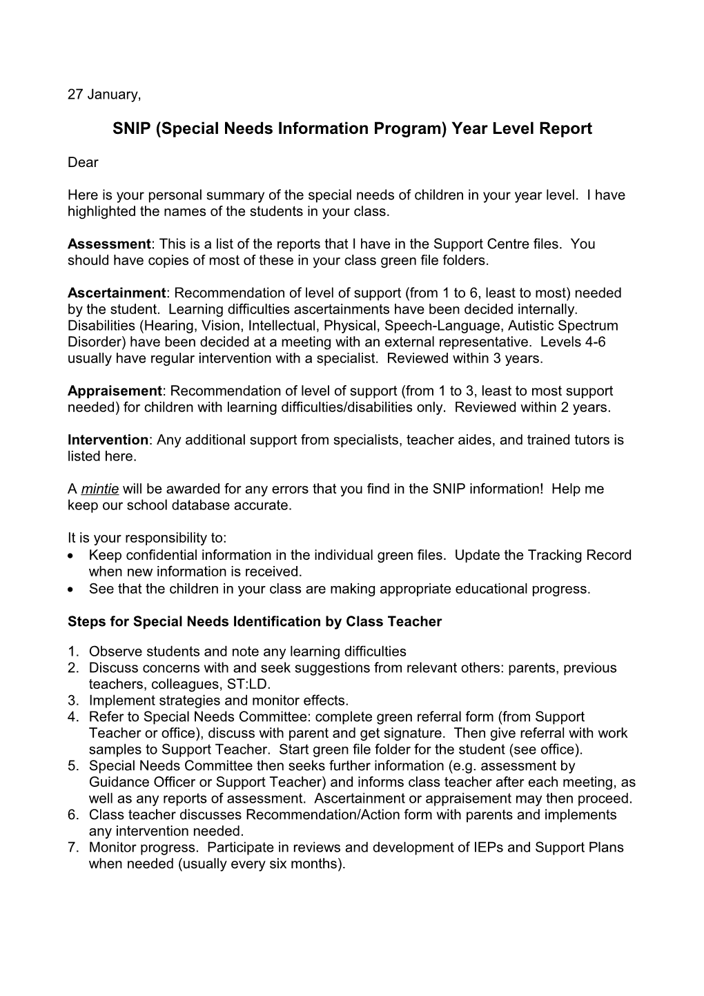 Letter for SNIP Year Level Report