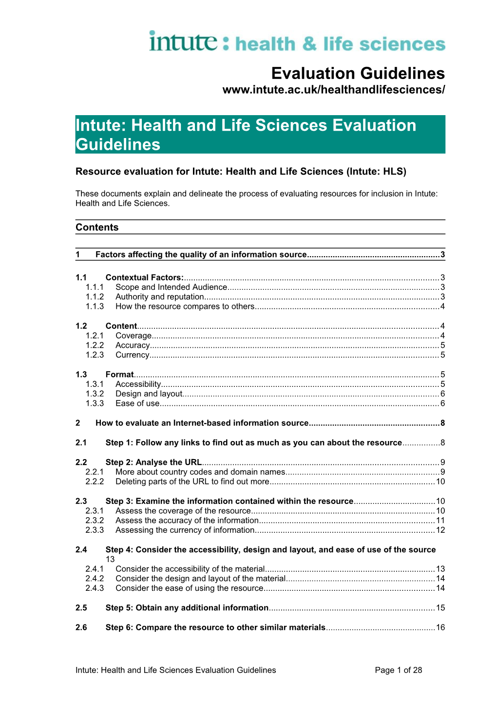 Intute: Health and Life Sciences Evaluation Guidelines
