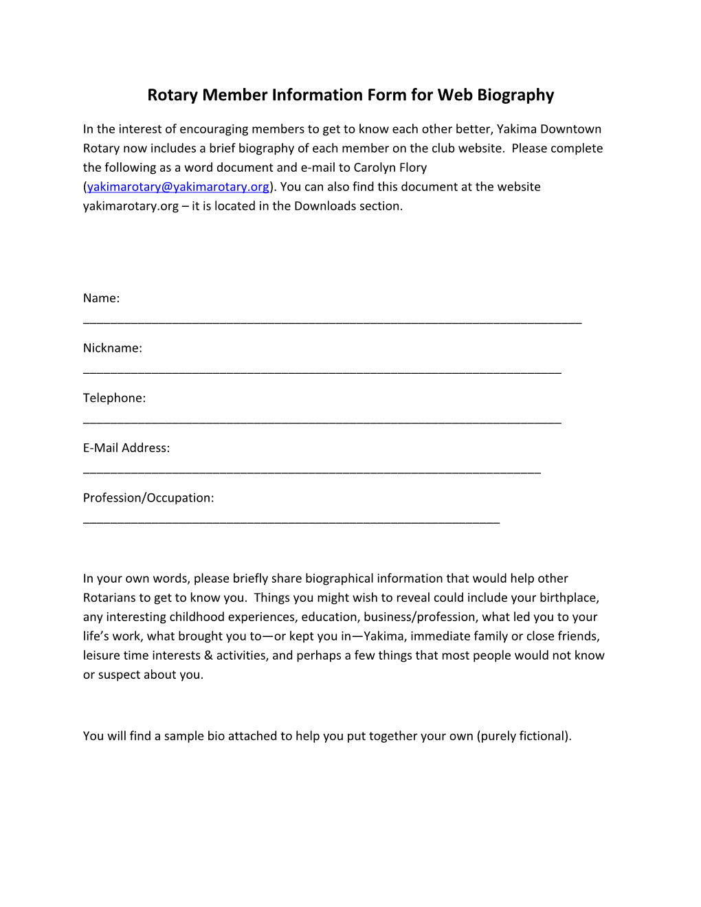 Rotary Member Information Form for Web Biography