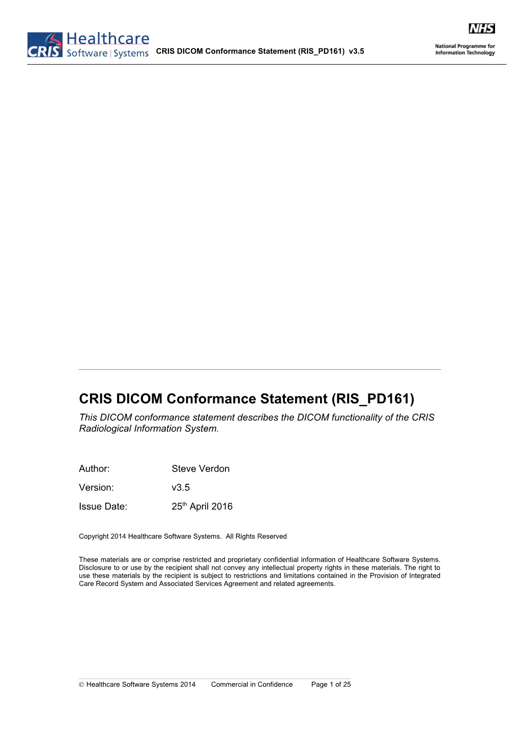 CRIS DICOM Conformance Statement (RIS PD161)
