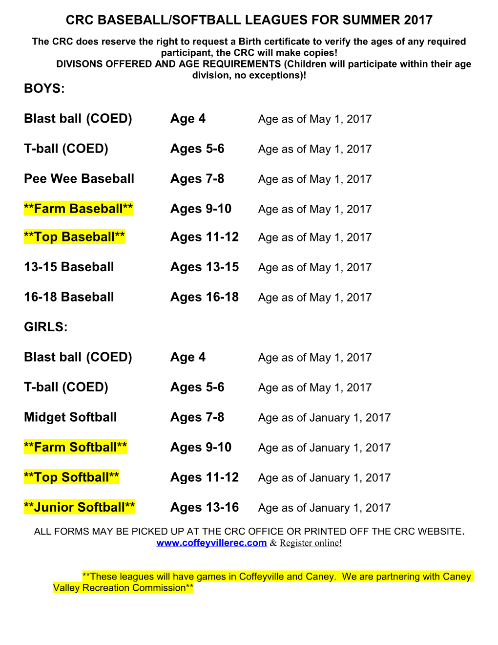 Crc Baseball/Softball Leagues for Summer 2017