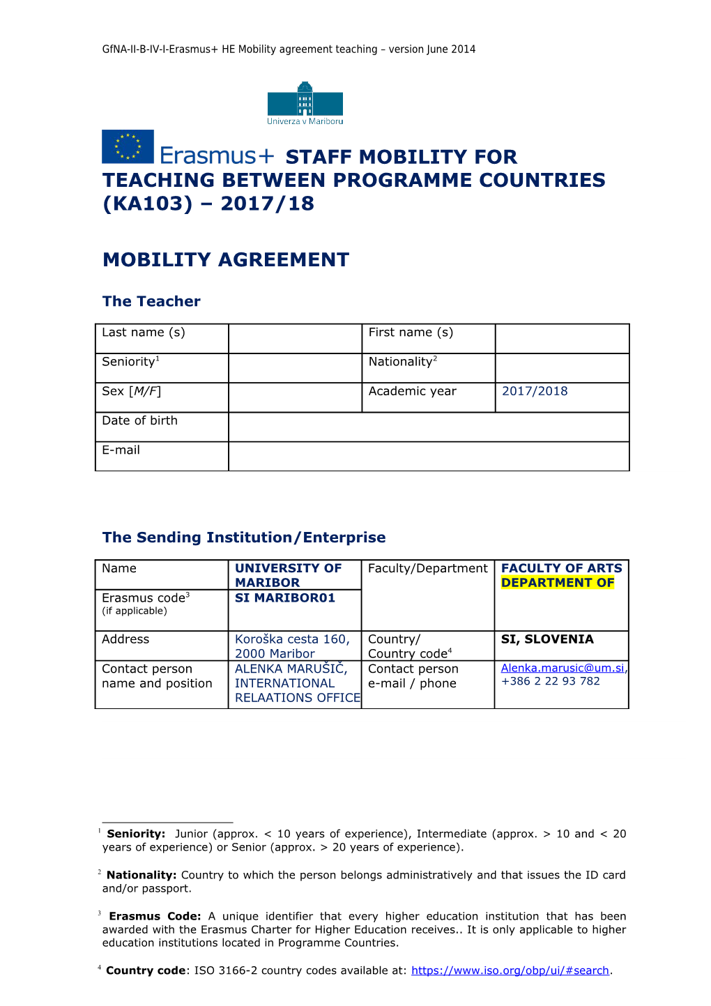 Staff Mobility for Teaching Between Programme Countries (Ka103) 2017/18
