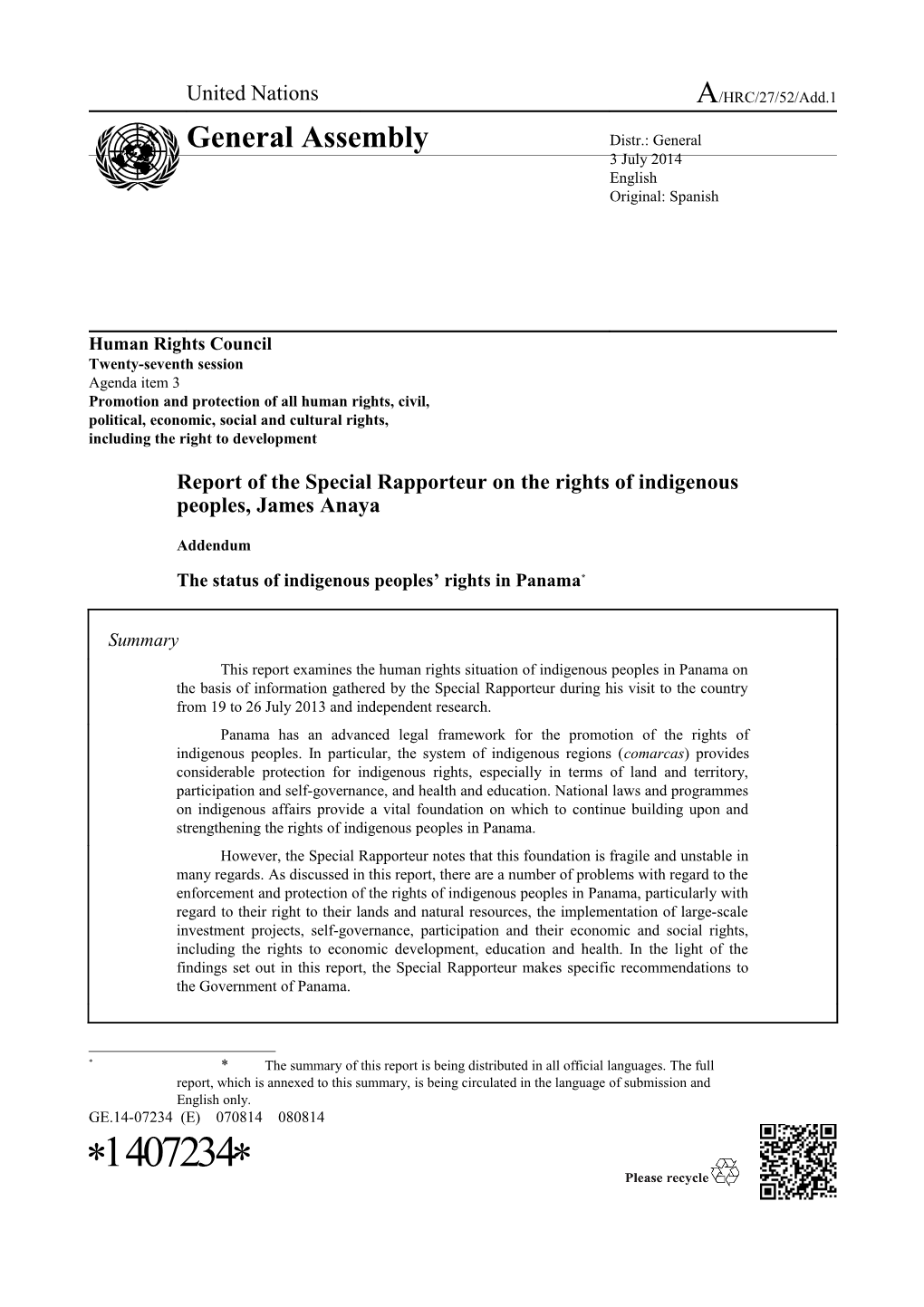 Report Of The Special Rapporteur On The Rights Of Indigenous Peoples - Mission To Panama In English