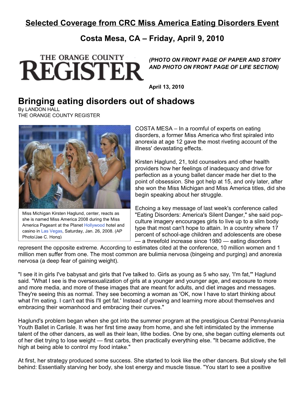 Selected Coverage from CRC Miss America Eating Disorders Event