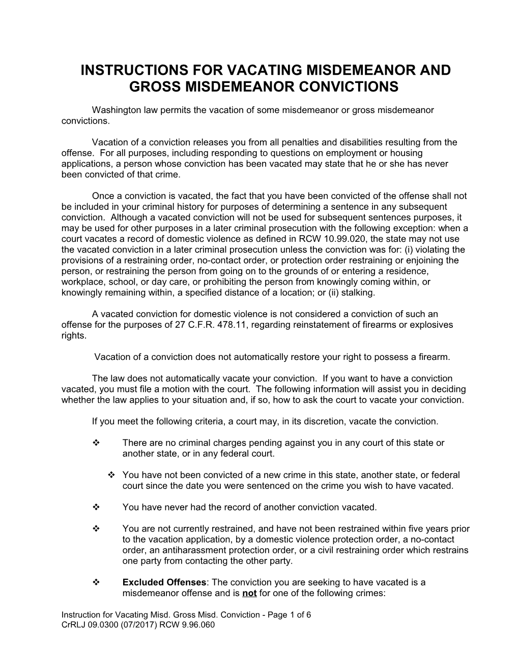 Instructions for Vacating Misdemeanor and Gross Misdemeanor Convictions