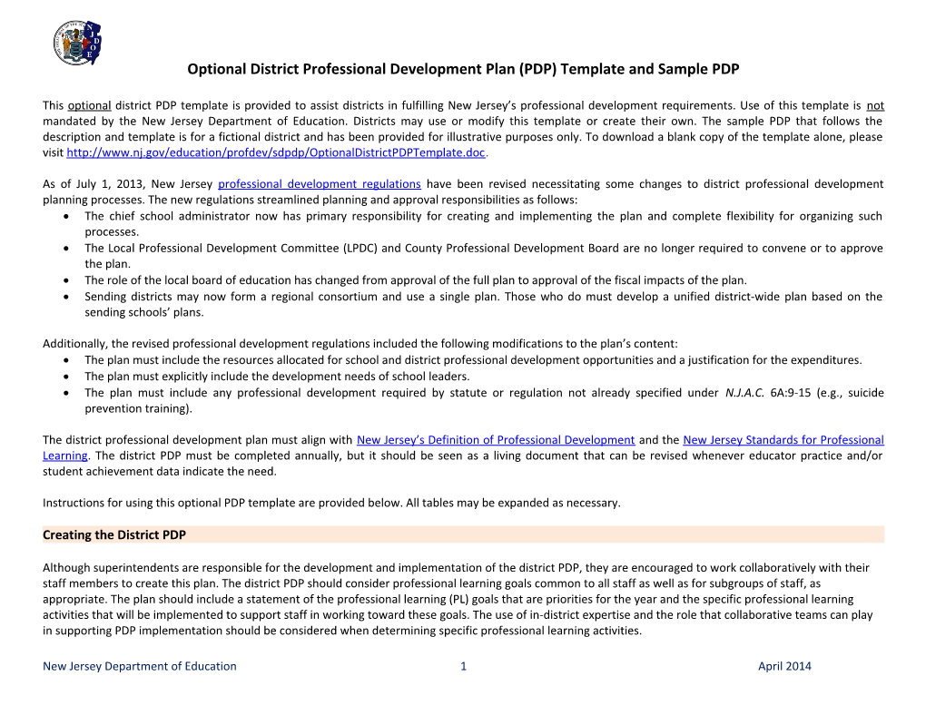Optional District Professional Development Plan (PDP) Template and Sample PDP
