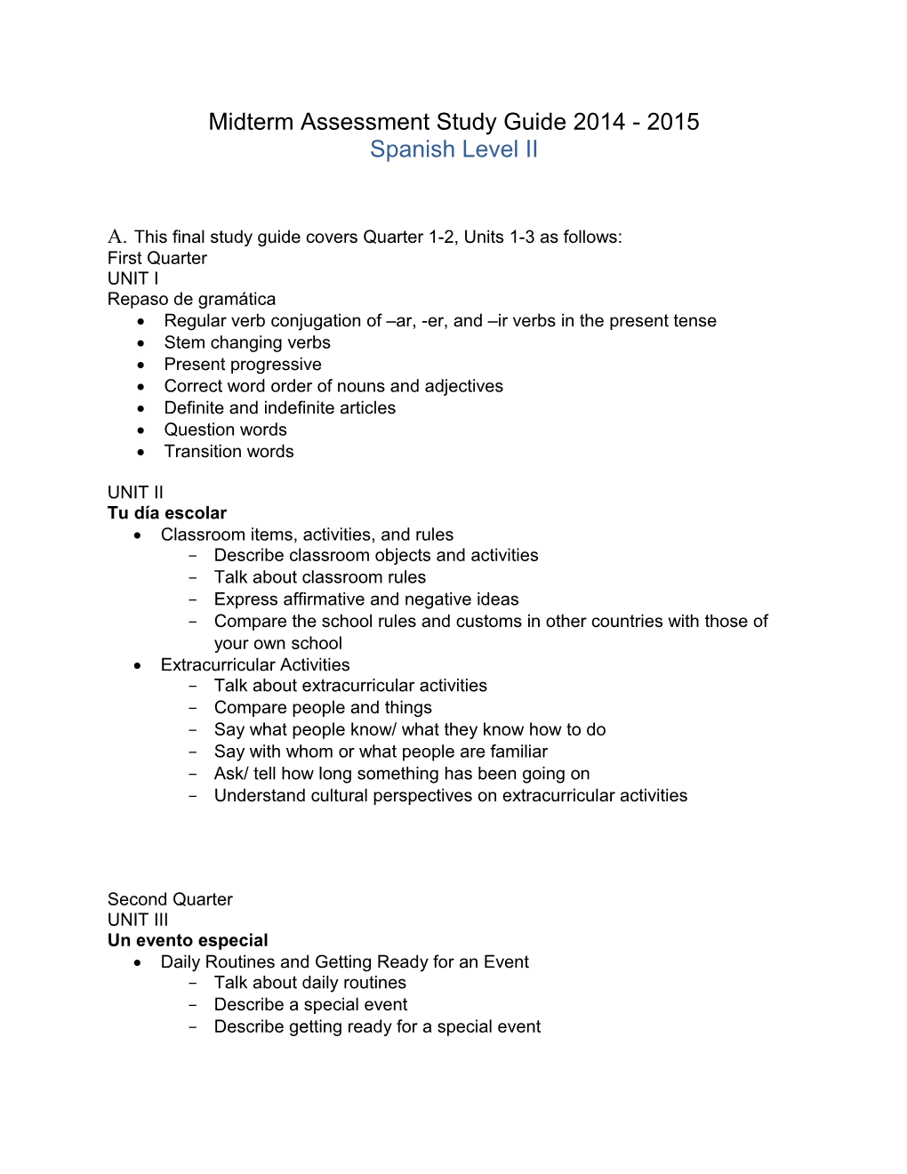 Midterm Assessment Study Guide 2014 - 2015