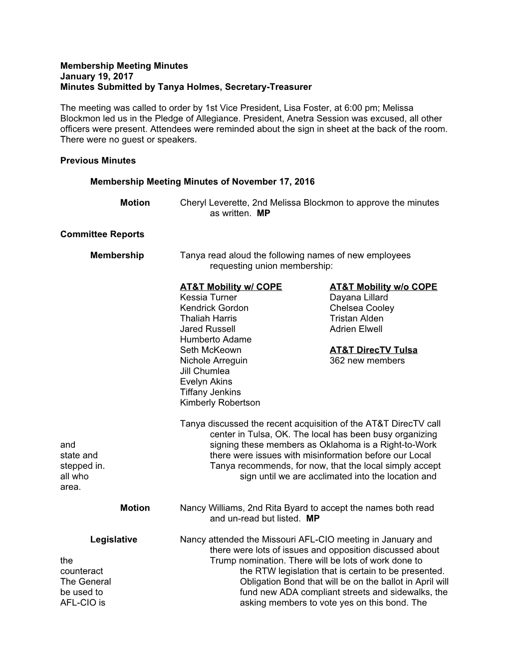 Minutes Submitted by Tanya Holmes, Secretary-Treasurer