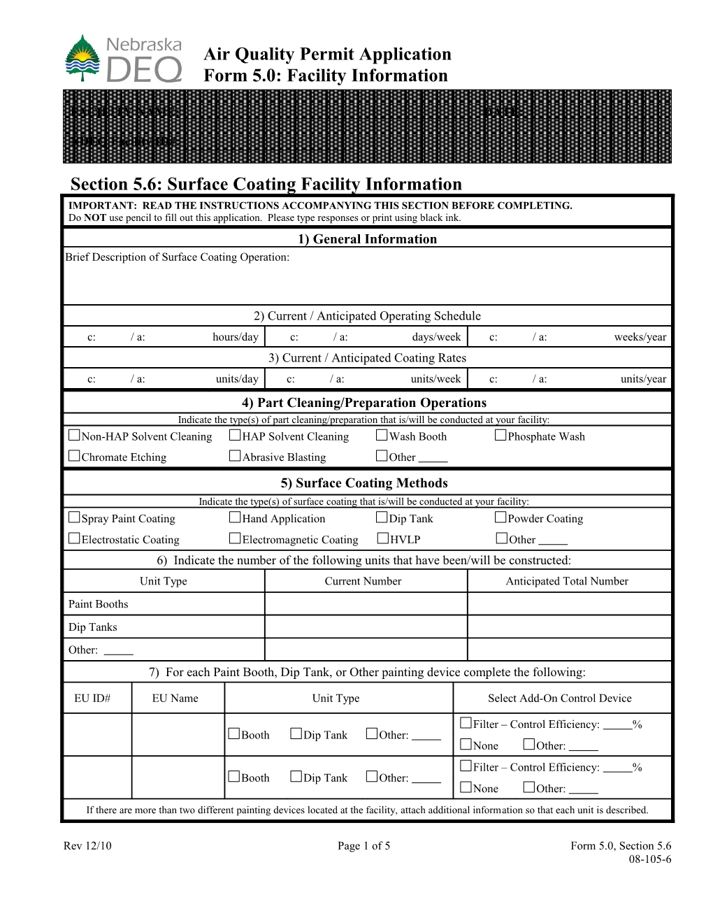 Form 5.0: Facility Information