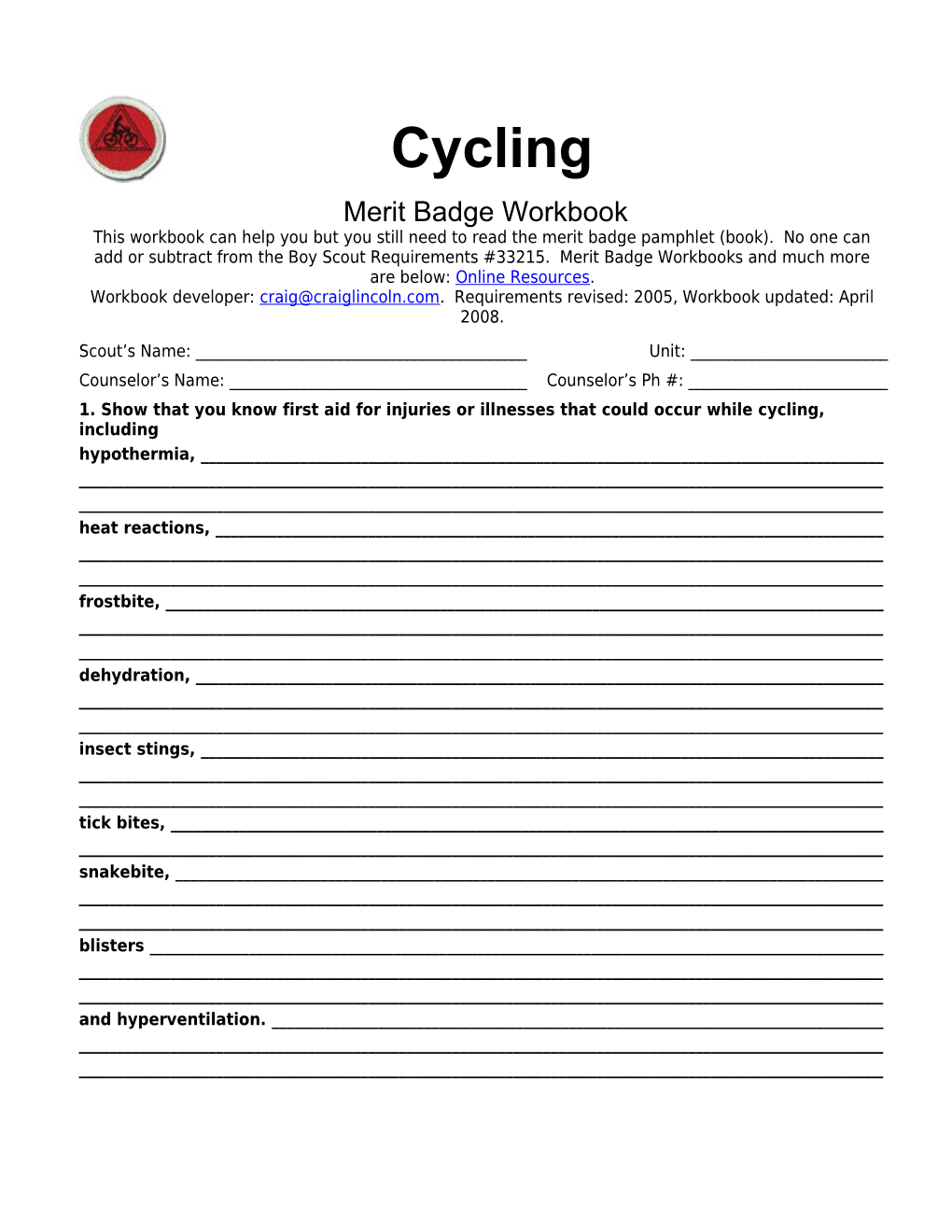 Cycling P. 3 Merit Badge Workbook Scout S Name: ______