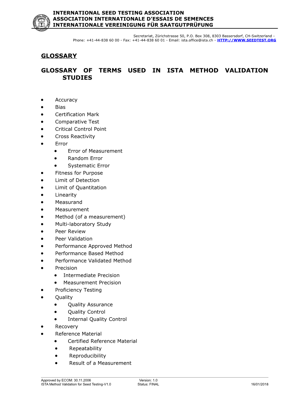 Glossary of Terms Used in Ista Method Validation Studies