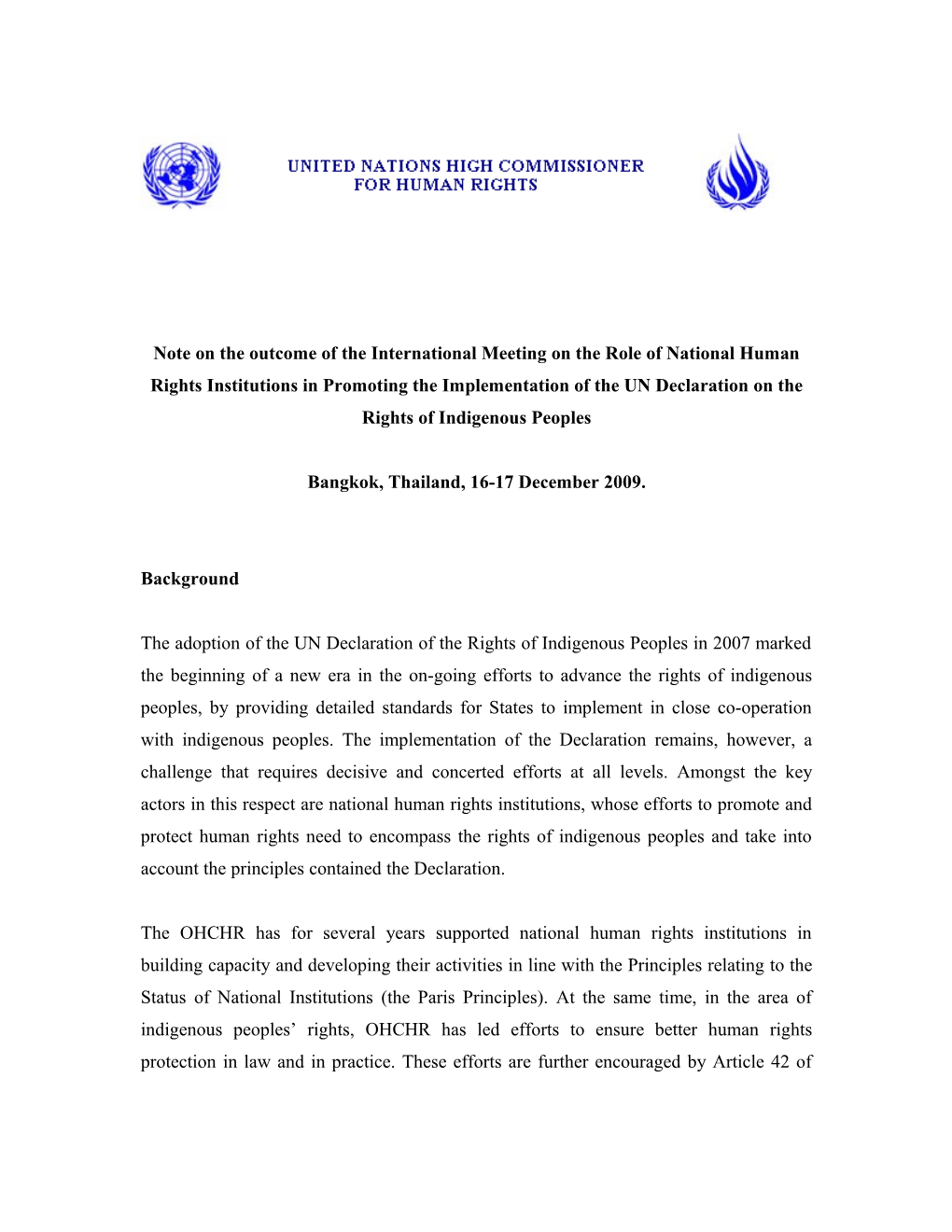 Note on the Outcome of the Expert Meeting on Human Rights and Traditional and Informal