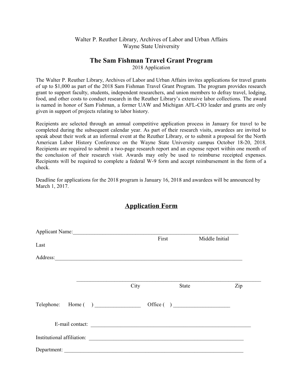 Sam Fishman Travel Grant Program 2018 Application