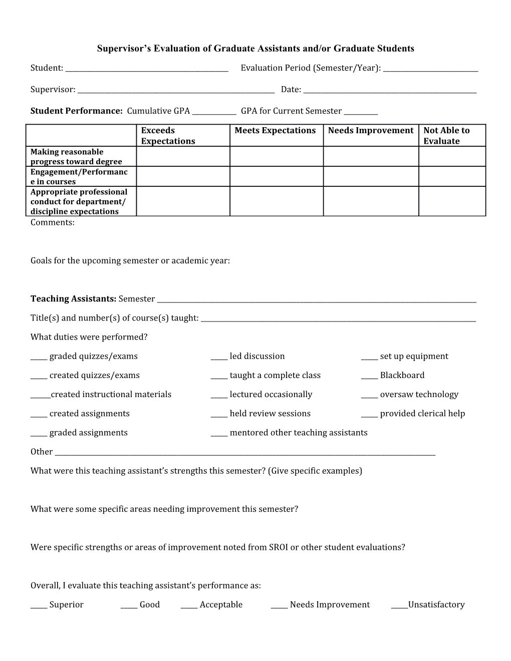 Supervisor S Evaluation of Graduate Assistants And/Or Graduate Students