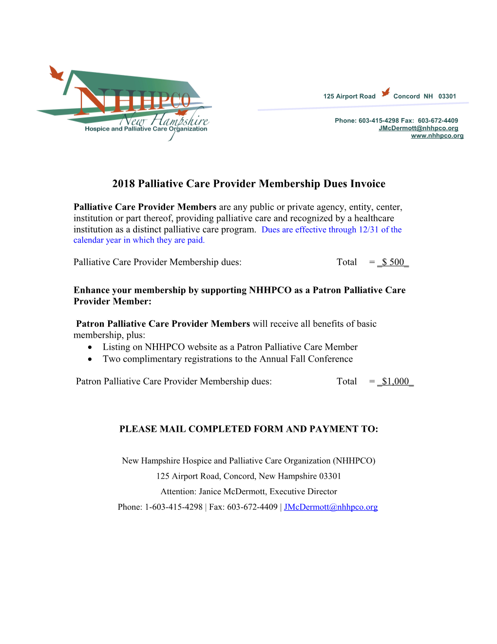 2018 Palliative Care Provider Membership Dues Invoice