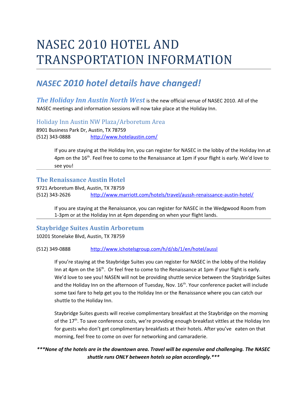 Nasec 2010 Hotel and Transportation Information
