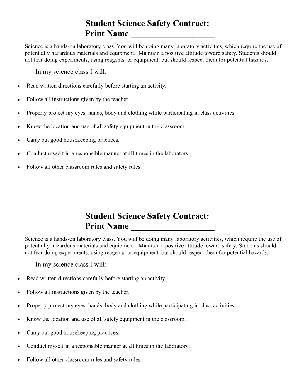 Student Science Safety Contract