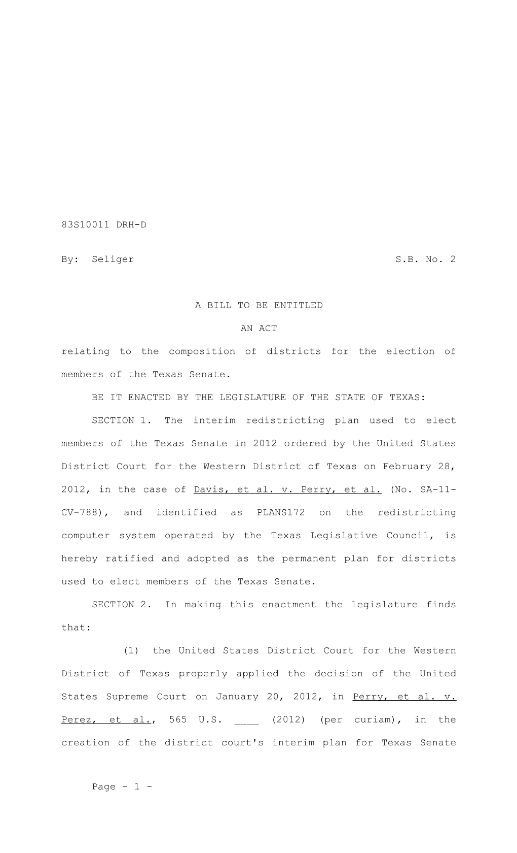 Relating to the Composition of Districts for the Election of Members of the Texas Senate