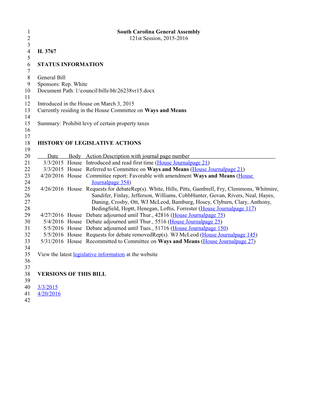 2015-2016 Bill 3767: Prohibit Levy of Certain Property Taxes - South Carolina Legislature Online