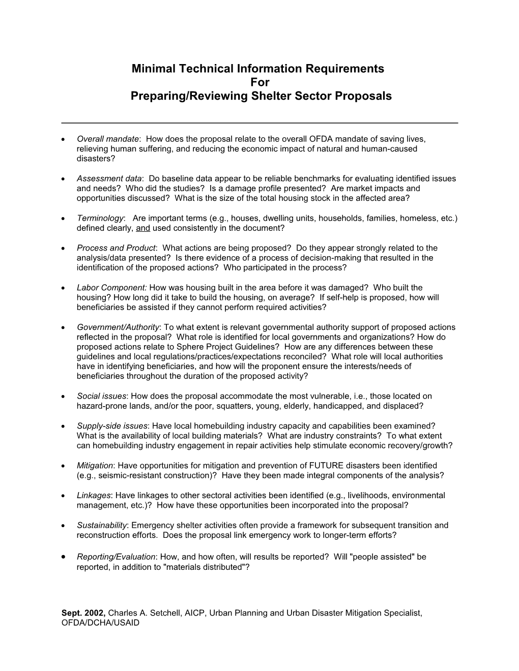 Minimal Technical Information Requirements for Preparing/Reviewing Shelter Sector Proposals