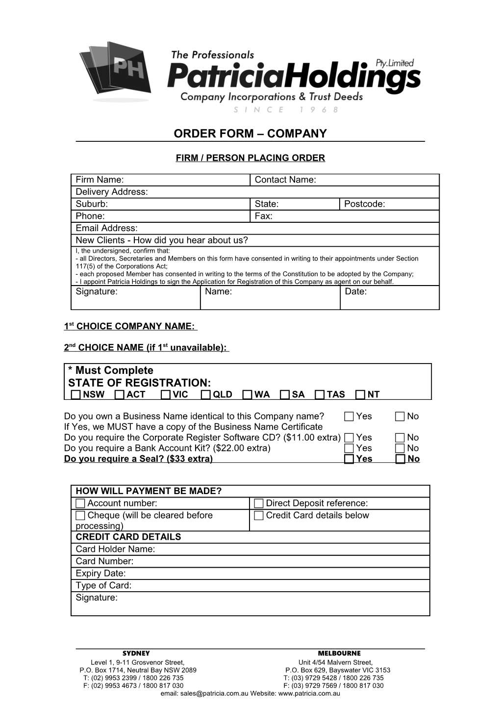 Firm / Person Placing Order